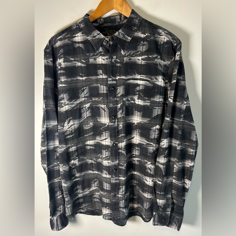 All Saints Mens Shirt Bissau Long Sleeve Button Up Cotton XL Brushstroke Camo